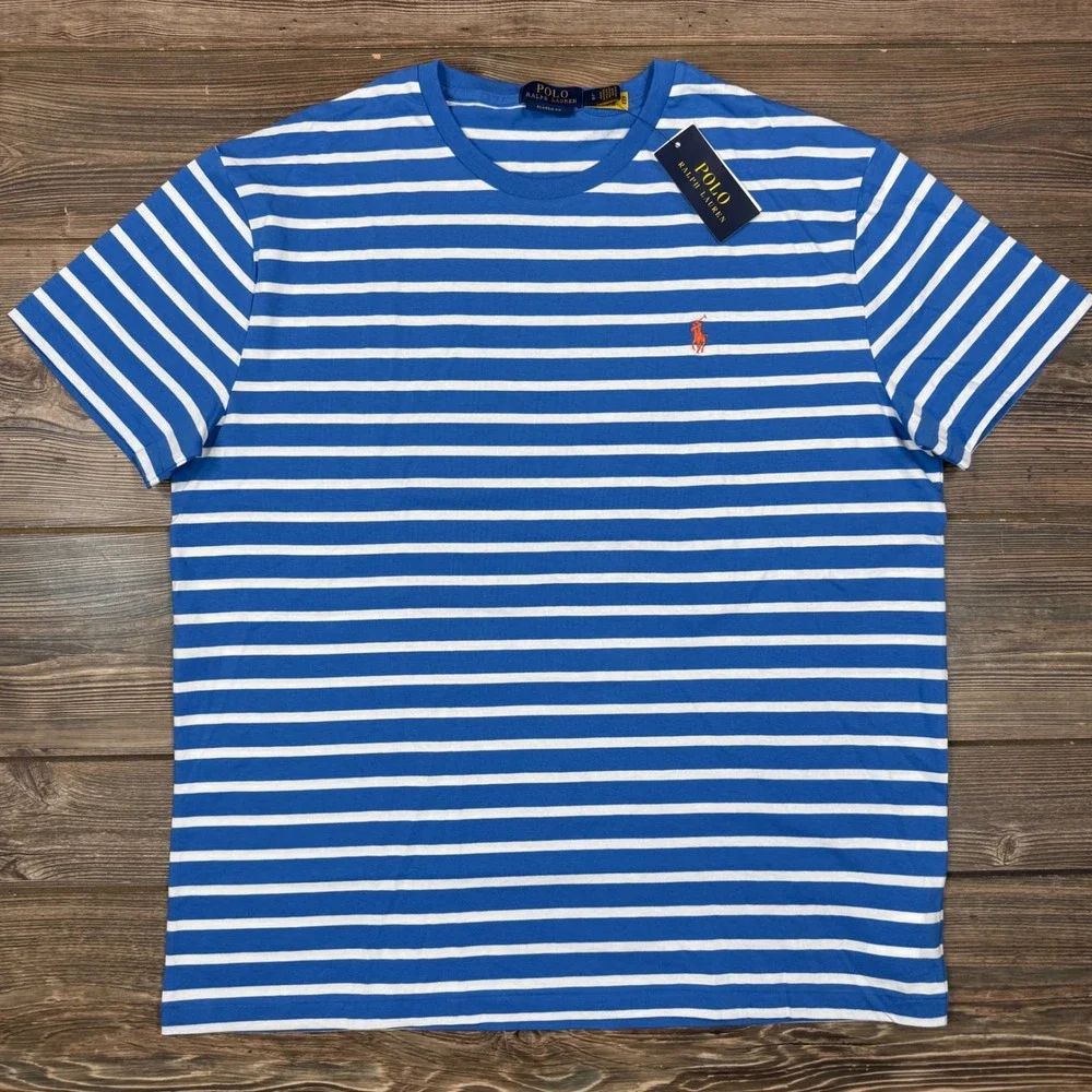 Polo Ralph Lauren Mens Large T-Shirt Blue White Striped Classic Fit NWT